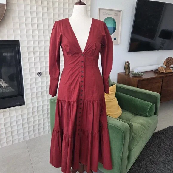 NWOT A.L.C. Fleur Long-Sleeve Tiered Cotton Dress Maroon Deep Red Suma, Size 10 - Picture 2 of 9